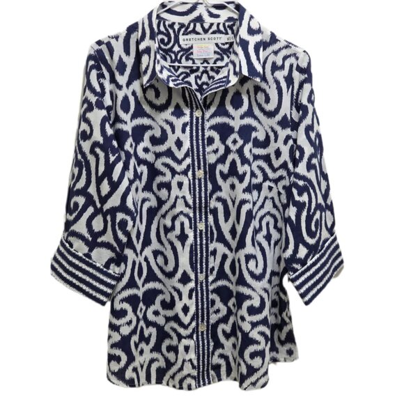 1157 Gretchen Scott Designer Cotton 3/4 Sleeve Print Blouse - Picture 1 of 2